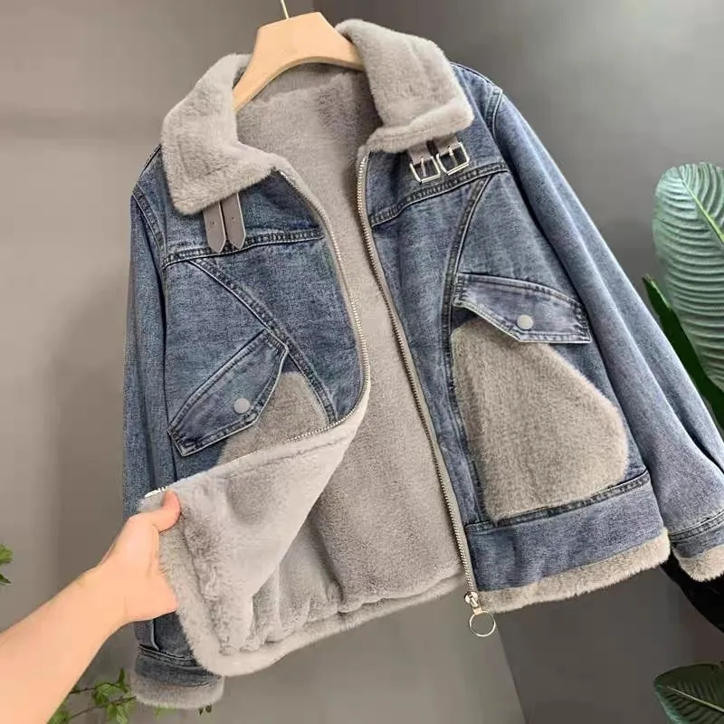 Faux Mink Velvet Stitching Den - Patchwork Jean Jacket review and price