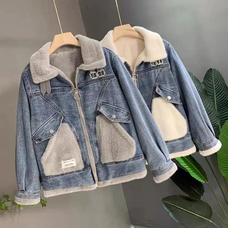 Faux Mink Velvet Stitching Den - Patchwork Jean Jacket review and price