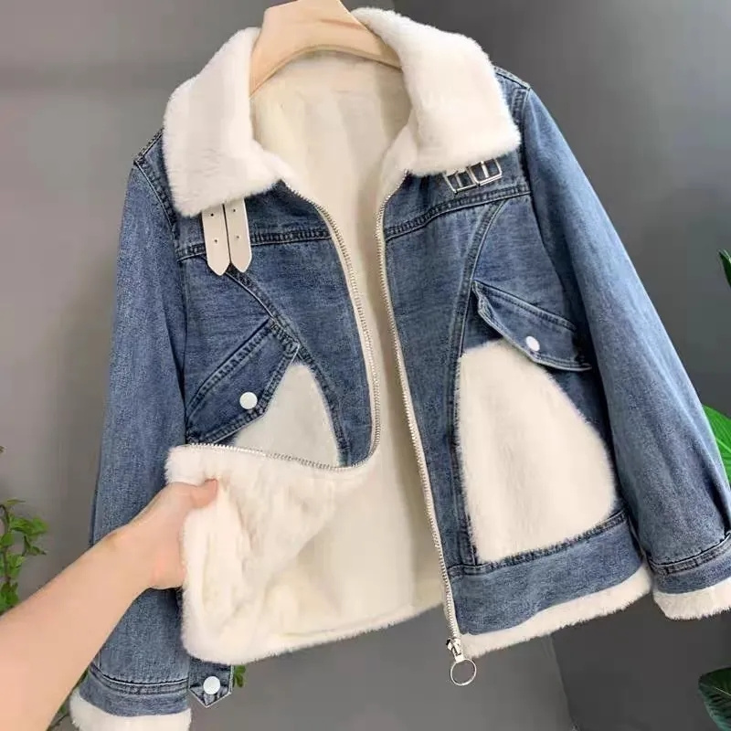 Faux Mink Velvet Stitching Den - Patchwork Jean Jacket review and price