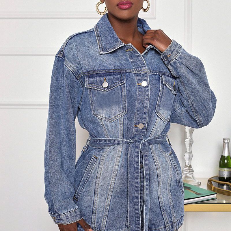 Denim Coat Women Mid Length Co - Patchwork Jean Jacket review and price